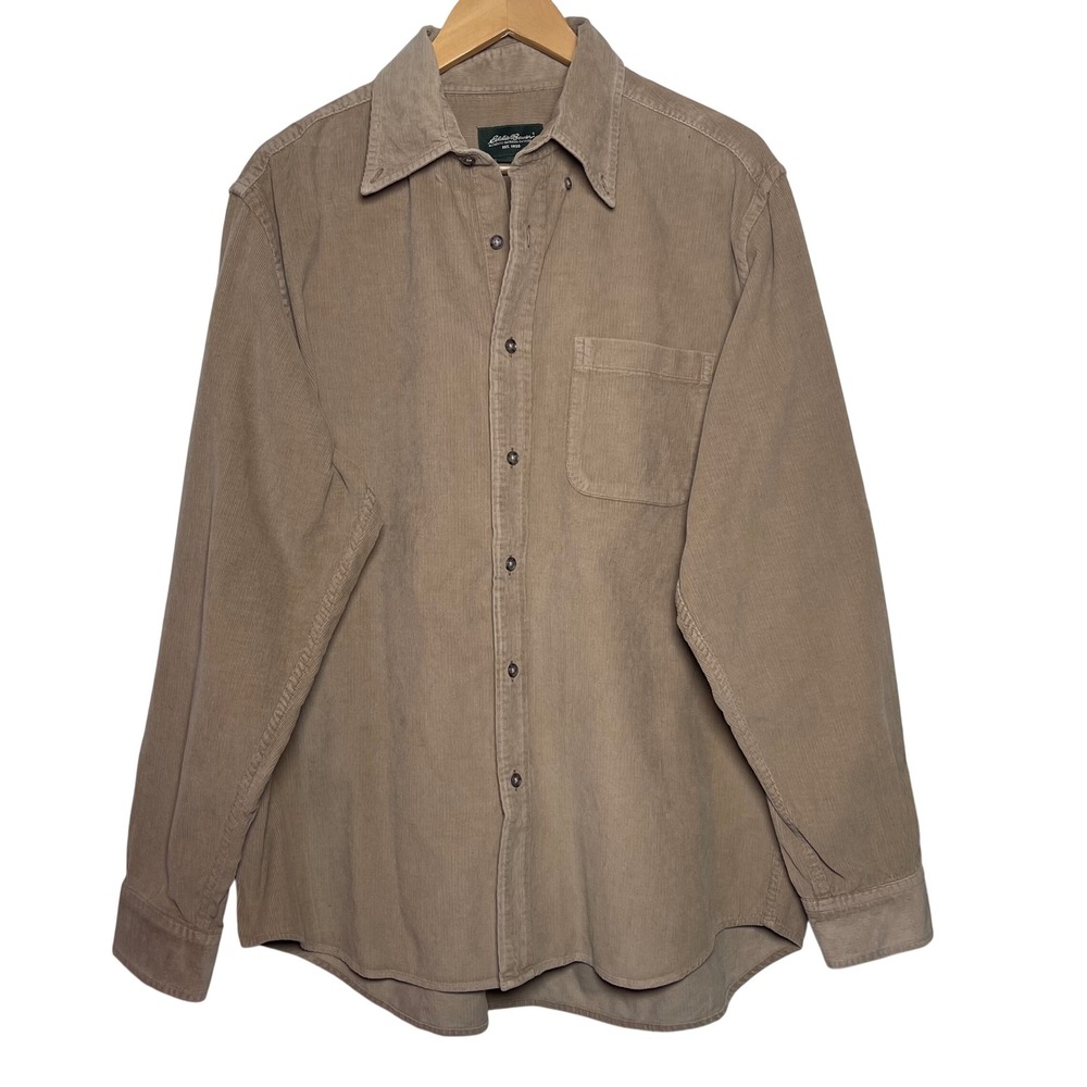 Eddie Bauer Mens Large Tan Corduroy Button Down Shirt Cotton‎ Long Sleeve Khaki